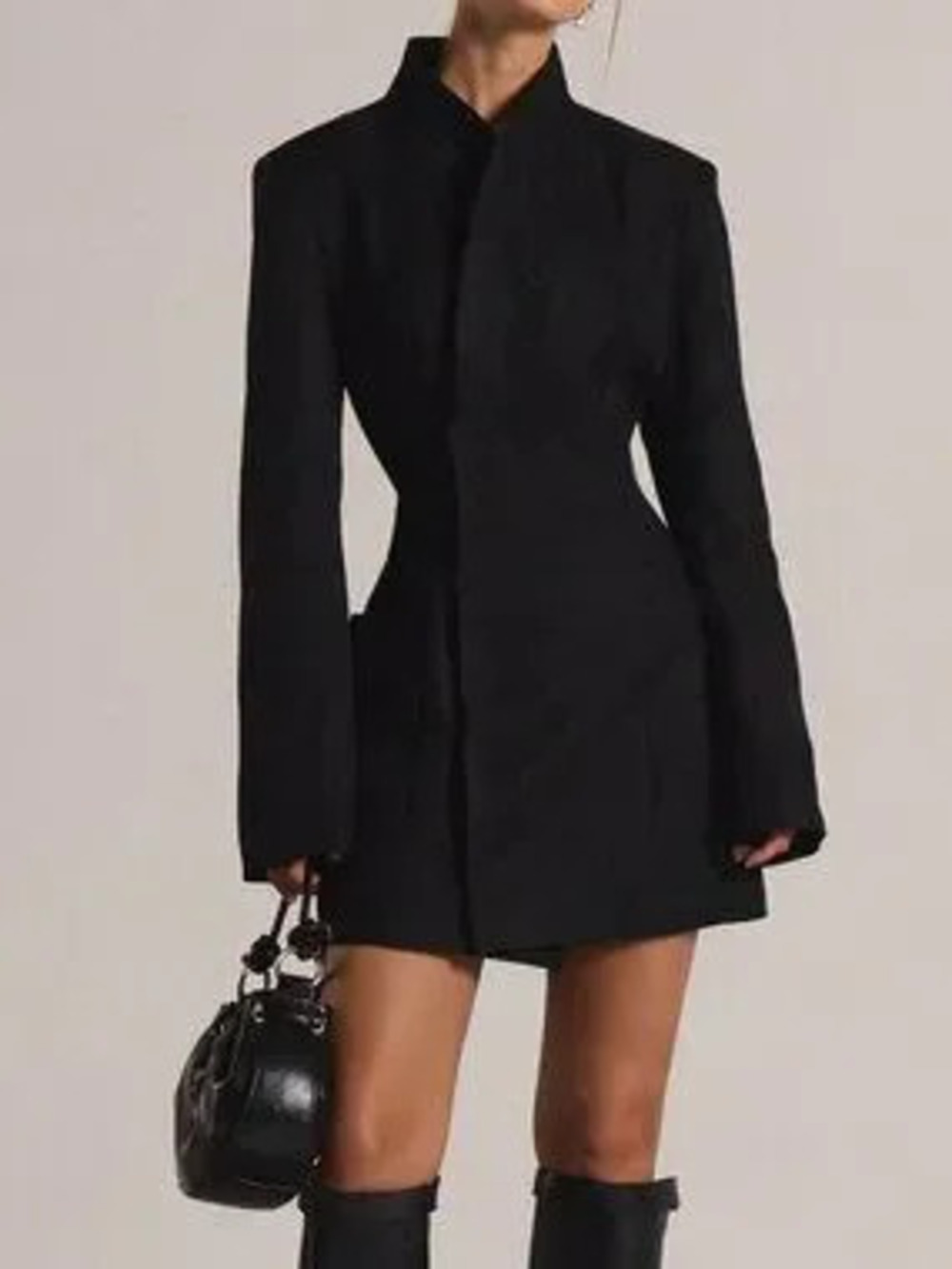 Black Elegant Women's Cinched Waist Long Sleeve Blazer Dress